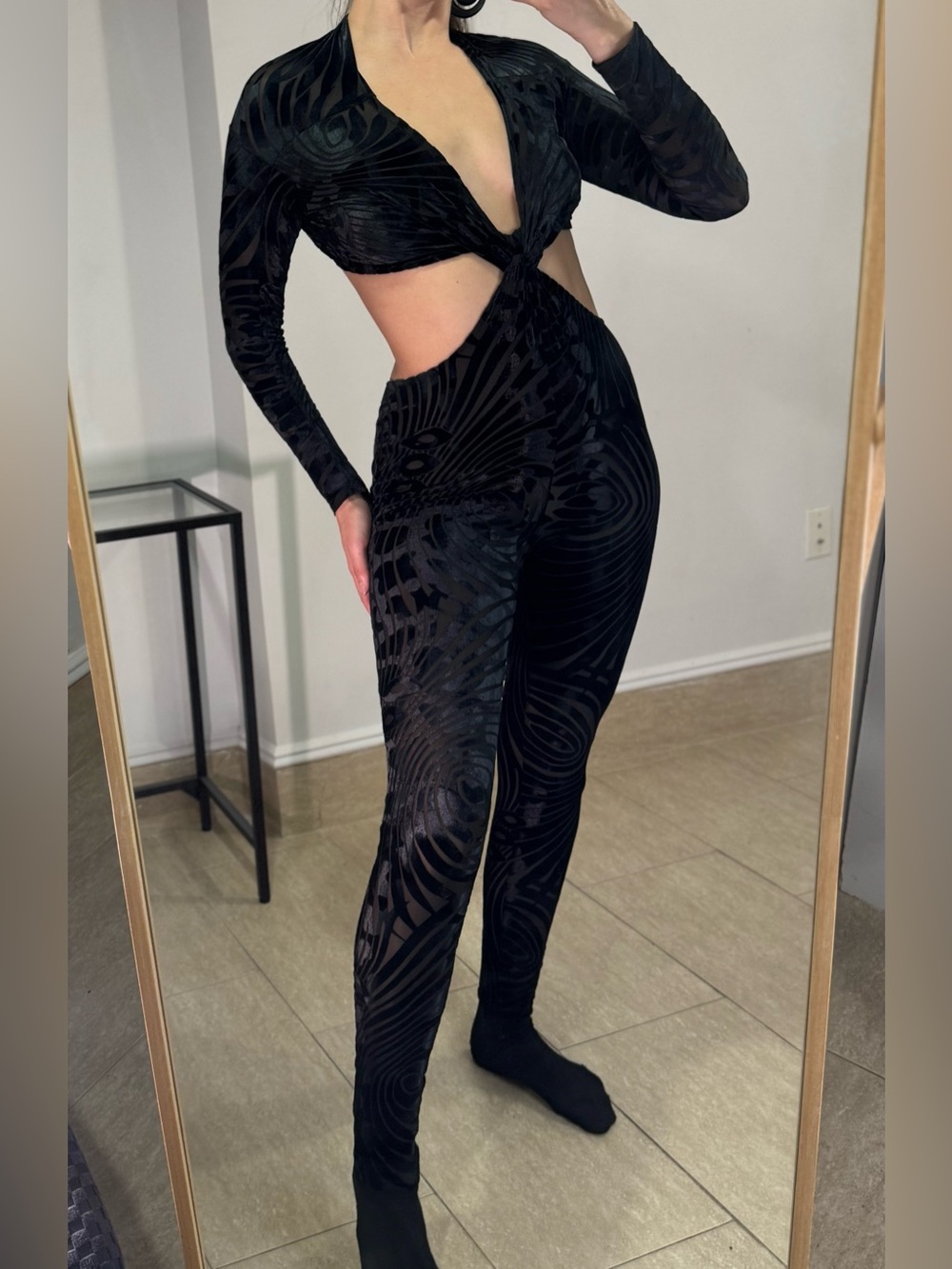 Dolls Kill Black Velvet Cutout Twist-Front Jumpsuit - Picture 1 of 4